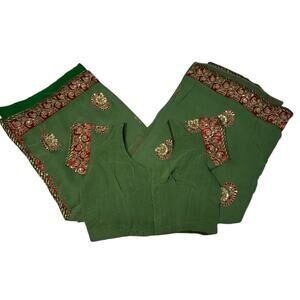 Women's L Green & Red Sari / Saree